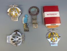 Six motoring badges including Vermin Club, Stroud & District Motor Club,