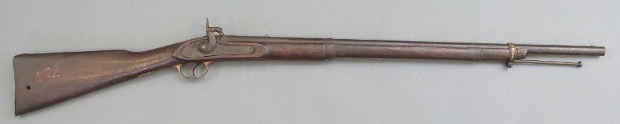 Enfield 2-band percussion hammer action rifle with steel butt plate, brass trigger guard,