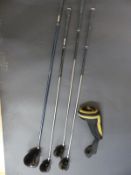 Four King Cobra golf clubs comprising 400 SZ 9° driver, and three fairway woods 5,