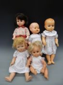 Five post war composition dolls to include a 'Reliable ' girl doll in 1960's dress,