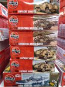 Six Airfix 1:48, 1:76 and 1:600 scale model kits comprising HMS Belfast,