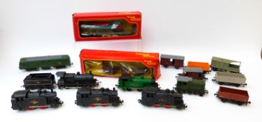 Seven Jouef and Hornby Dublo 00 gauge locomotives together with eight Tri-ang and similar wagons