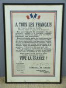 A WWII poster 'A tous Les Francais' from General de Gaulle printed by J.