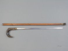 A curved horn handled sword stick engraved India to the 59cm blade