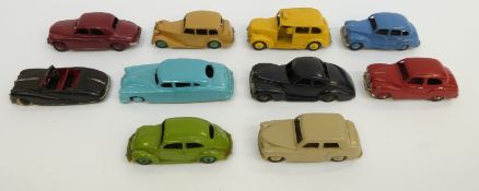 Ten Dinky Toys diecast model cars including Austin Taxi, Austin Somerset, Rover 75, Hillman Minx,