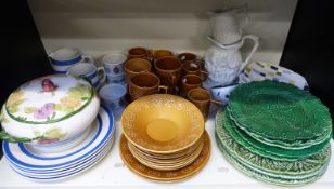 Five TG Green Cornishware dinner plates, two Green & Co jugs,