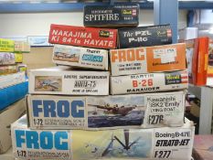 Nine FROG, Airfix and Revell model aeroplane kits including Boeing B-47E Strato Jet,