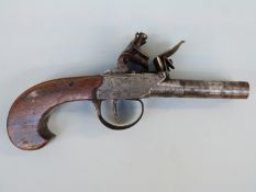 English double barrelled side by side flintlock hammer action pocket pistol with ornate engraving