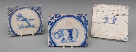 Three 18thC Delft tiles to include elephant,