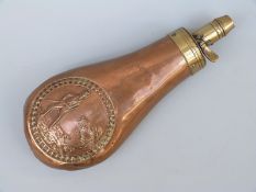 Copper and brass powder flask with embossed scene of a gentleman and a dog hunting rabbits, 18.