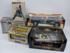 Five Burago, Hover and Polistil diecast model vehicles including BMW R75/5, Lotus Racing Car,