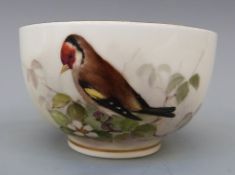 Royal Worcester sugar bowl enamelled with Goldfinch decoration,