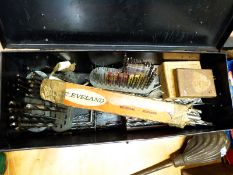 A box of drills including some on stands,