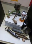 A group of collectables to include Guiness Sheffield pewter mug, binoculars, brass oil guns, scales,