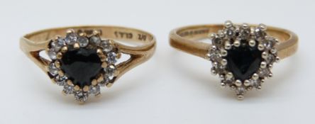 A 9ct gold ring set with sapphire surrounded by diamonds and a 9ct gold ring set with a sapphire