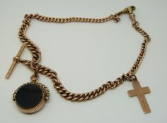 A 9ct gold double Albert/ watch chain with a 9ct gold swivel fob and 9ct gold cross, 39.
