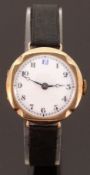 9ct gold ladies wristwatch with blued Breguet hands and white enamel face, on black leather strap,