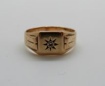 9ct gold signet ring set with a diamond, 5.