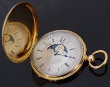 J Muller 18ct gold full hunter pocket watch with moonphase, Roman numerals,