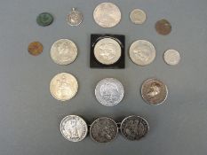 A collection of crowns, medal coins etc together with a Jeton and Roman example,