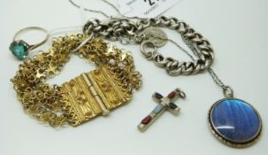 A Victorian silver cross pendant set with specimen agate, silver pendant set with butterfly wing,