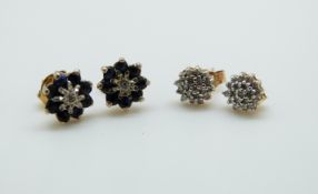 A pair of 9ct gold earrings set with sapphires and diamonds and another pair set with diamonds