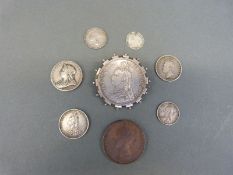 A collection of Victorian coins to include crown in mount, Jubilee commemorative, shipping,