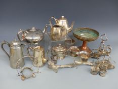 A box of silver plate including teapots, copper tazza,