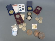 A collection of modern crowns and medal coins etc including two Georgian Physicians for Prevention