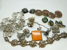 A collection of costume jewellery to include enamel earrings, enamel bee brooch, silver necklace,