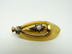A Victorian brooch set with a pearl in a star shaped blue enamel border