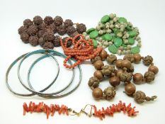 Three cloisonne bangles, a pair of coral earrings,