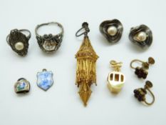 A Victorian silver ring, Art Deco silver ring, garnet earrings, yellow metal charm,