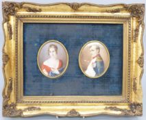 A pair of 19thC portrait miniatures on ivory of Napoleon and a lady, in gilt frame,