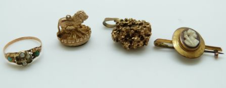 A cameo brooch, a 9ct gold fob,