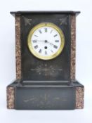 French, single train slate and marble mantel clock white enamelled Roman dial,