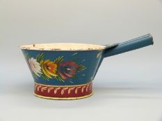 A vintage hand decorated bargeware enamelled pan,