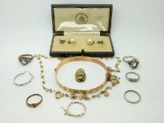 Four silver rings, two pairs of silver earrings, rolled gold bangle,