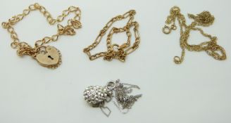 A 9ct white gold necklace and pendant, a 9ct gold bracelet,