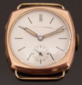 9ct gold ladies cushion shaped wristwatch with luminous hands, line markers,