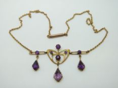 An Art Nouveau necklace marked 9ct set with amethysts, 6.
