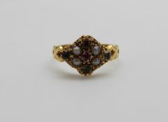 A Victorian 18ct gold ring set with seed pearls, a ruby and quartz, 1.