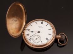 Waltham gold plated gentleman's keyless winding full hunter pocket watch with subsidiary seconds
