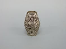 An early 18thC white metal four part vinaigrette and spice or snuff box of barrel form,