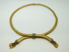 An early Victorian gold necklace set with turquoise and diamonds with tassel decoration and ridged