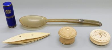 An enamel lipstick holder, ivory bobbin,