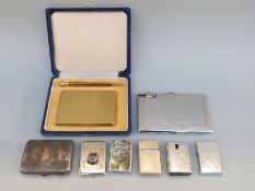 A hallmarked silver cigarette case, weight 56g, four various lighters, Margate match safe,