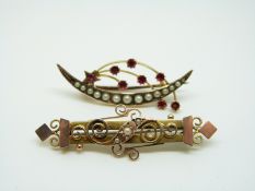A 9ct gold Victorian brooch set with seed pearls and another 18ct gold example set with seed pearls