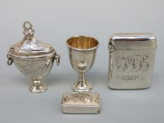 A Victorian hallmarked silver vesta, Georgian silver pill box, Birmingham, dates rubbed,