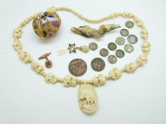 A 9ct gold cufflink (2.5g), bone necklace, filigree and enamel egg, coins etc.